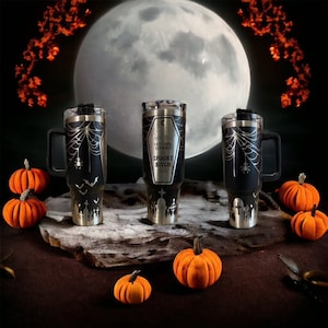 40oz Engraved Tumbler with Handle and Straw, Cup Holder Friendly Travel Mug, Vacuum Insulated Large Water Bottle, Halloween Spooky