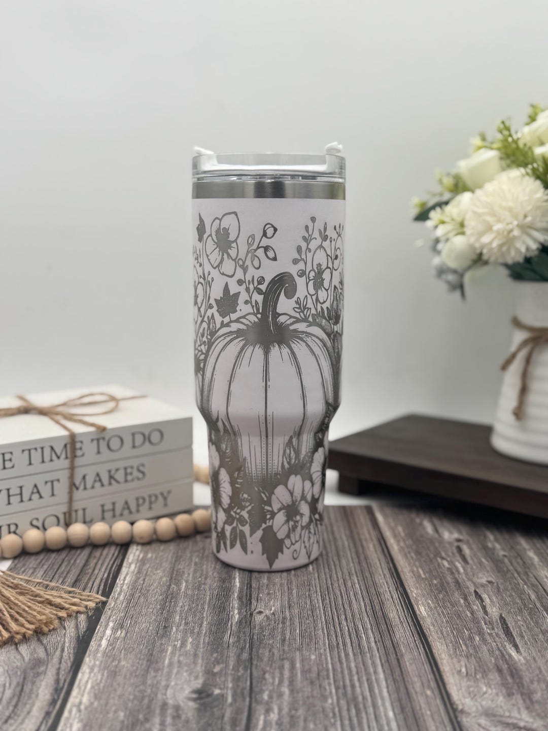 Engraved Pumpkin Tumbler, Fall Leaves Stainless Steel Cup, Personalized ...