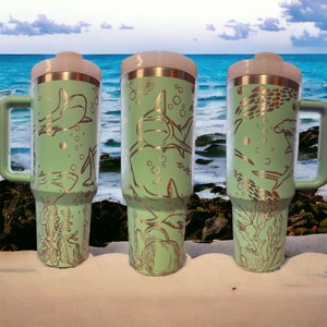 40oz Engraved Tumbler with Handle and Straw | Cup Holder Friendly Travel Mug | Vacuum Insulated Large Water Bottle | Underwater Sharks