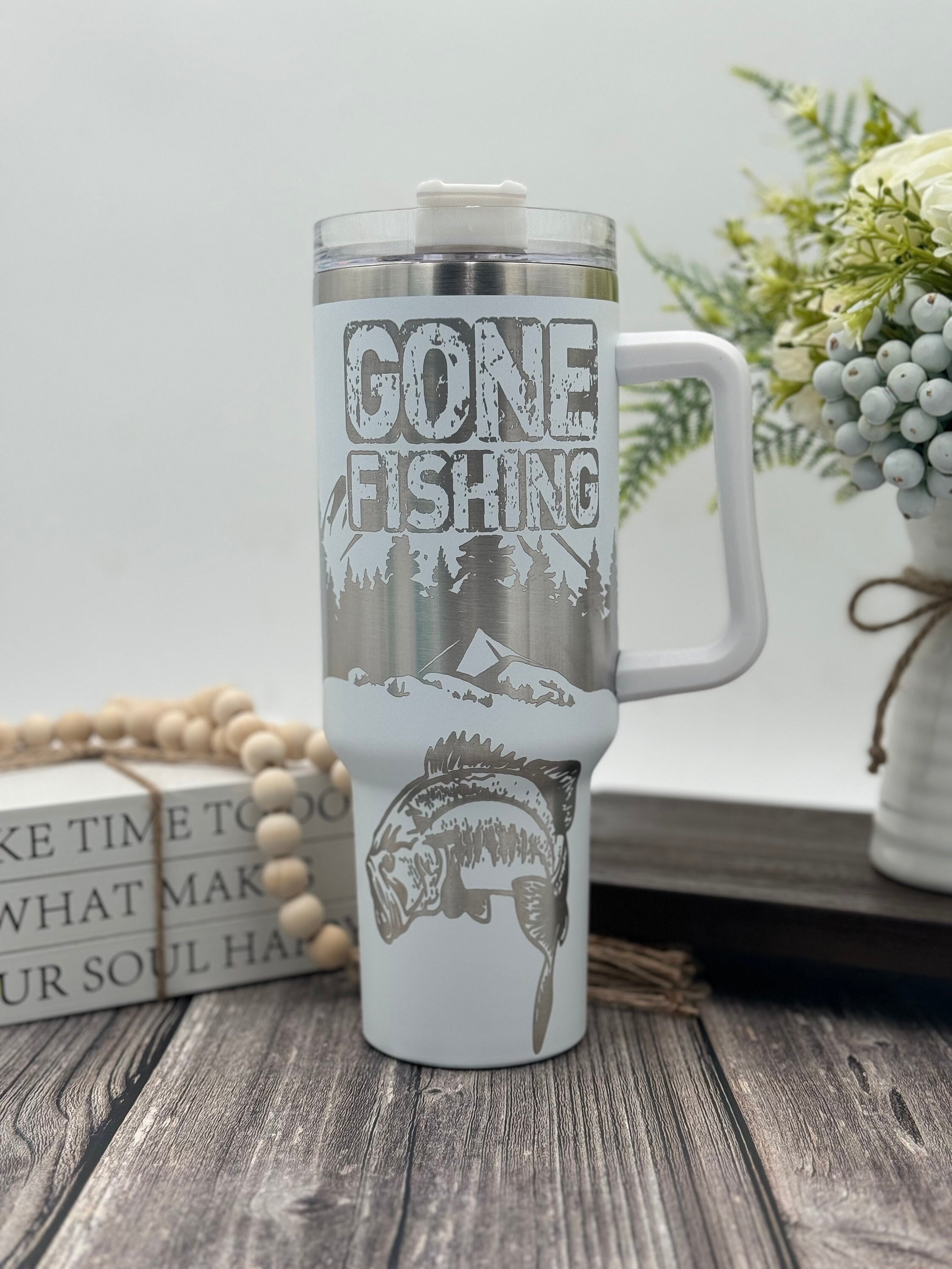 Discover Gone Fishing 40oz Engraved Tumbler with Handle and Straw, Father's Day Dad Gift
