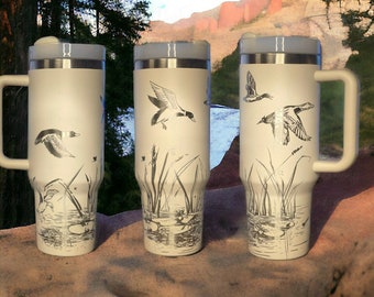 40oz Engraved Tumbler with Handle and Straw | Cup Holder Friendly Travel Mug | Vacuum Insulated Large Water Bottle | Duck Hunting Dad Gift