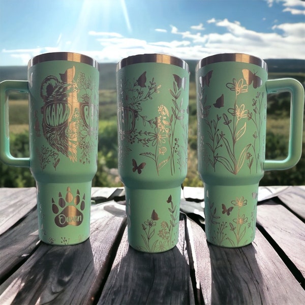 Engraved Mama Bear and Cubs 40oz Tumbler, Perfect Gift for Nature-Loving Moms, Kids Name in Paw Prints, Insulated Stainless-Steel Bottle