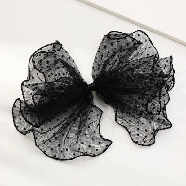 Polka Dots Organza Bow in black, Organza bow in black, Hair clip, Bridesmaids Bow, Formal bows, Tulle Bow with dots