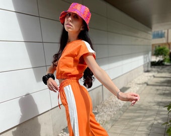 Two-piece Set in Orange, Chiffon Set, Comfortable Summer Set, Orange Set for the summer, Women's Pants with Top in Orange