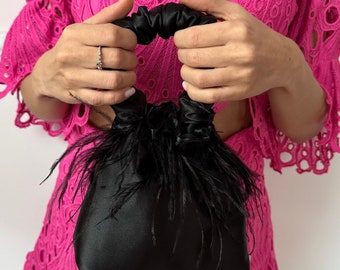Handmade Satin Scrunchie Bag with Feathers: Evening Clutch