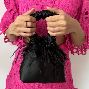 Scrunchie Bag with Feathers, Feather Bag, Satin Bag, Ostrich feather bag, Small handbag, Bag with Feathers, Feather Evening Bag, Clutch