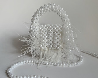 Handmade Pearl Beaded Bag with Feathers: Bridal Evening Bag