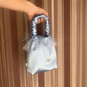 Sky Blue Satin Scrunchie Bag: Handmade Feather Clutch