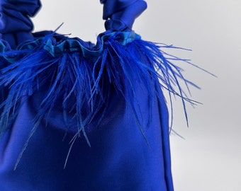 Royal Blue Scrunchie Bag with Feathers, Blue Scrunchie Bag, Ostrich Feather Bag, Royal Blue Handbag, Elegant Evening Clutch, Trendy Bags