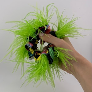 Colourful Scrunchie with Ostrich Feathers, Lime green Ostrich Feathers, Colourful Ostrich Feathers, Scrunchie with Feathers, Hair Scrunchies