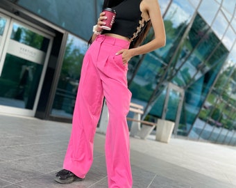 Pink High Waisted Pants, Pink trousers with pleats, Pleated Trousers, Wide Leg Pants in Pink,  Pink Pants with belt, Elegant Pants in Pink