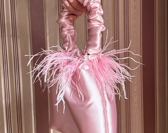 Pink Satin Scrunchie Bag: Handmade Feather Clutch