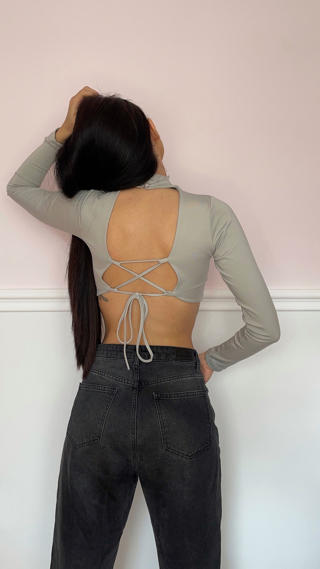 Long Sleeve Backless Top Beige Turtleneck Blouse Etsy — free download