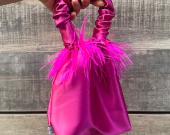 Fuchsia Satin Scrunchie Bag with Ostrich Feathers: Wedding Handbag