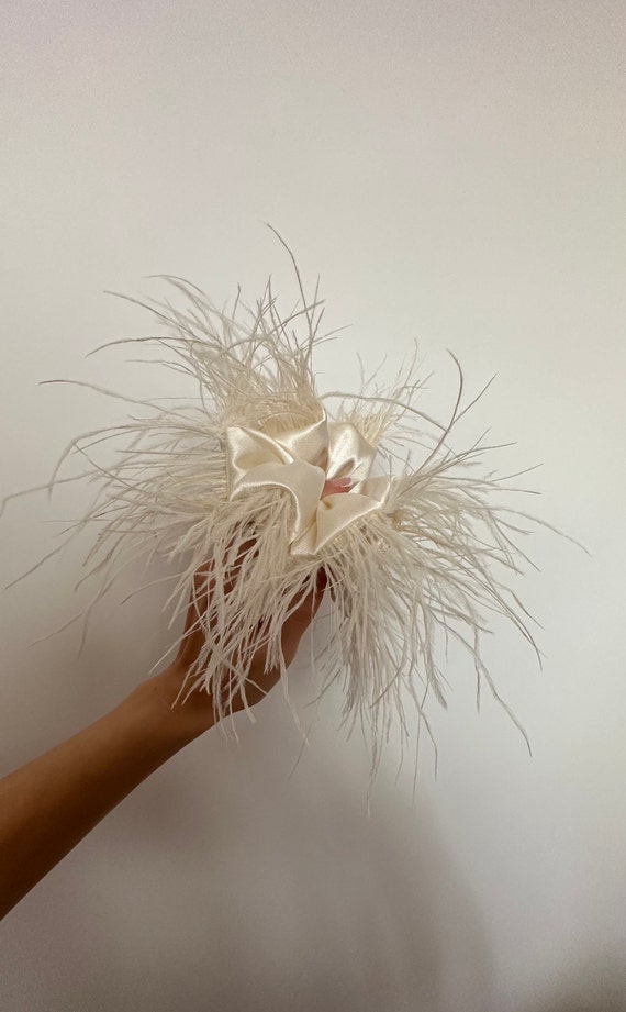 Handmade Ecru Silk Scrunchie: Ostrich Feather Hair Tie