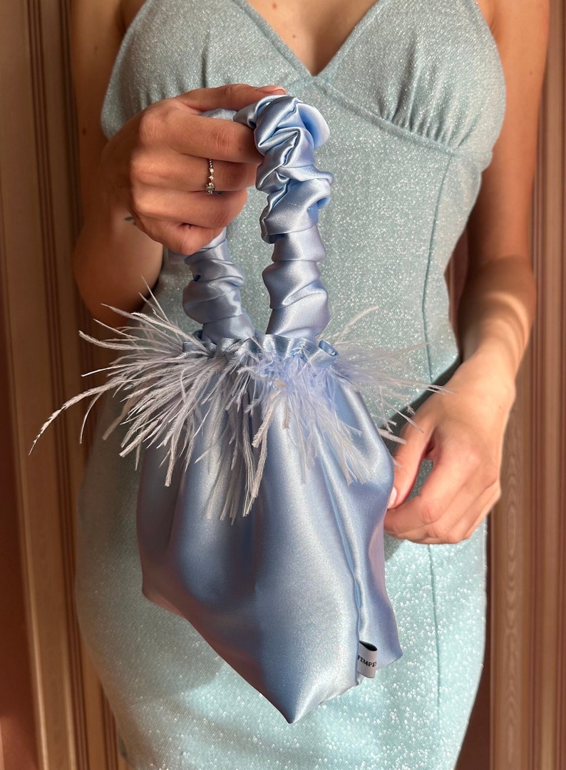 Light Blue Scrunchie Bag With Feathers, Blue Feather Bag, Ostrich ...