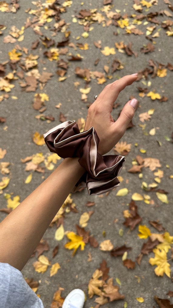 Elegant Brown and Gold Patterned Hair Scrunchie Wide Scrunchie / Silk - Floral Brown – EvelinaApparel main image 4