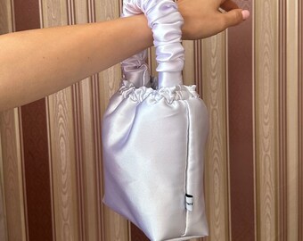 White Scrunchie Bag, Wedding Bag, White Satin Clutch, Scrunchie Bag, Small handbag, White handbag, Bridesmaids bag