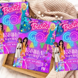LET'S GO PARTY Bundle, Prinzessin Puppe Regenbogen Geburtstagseinladung, Prinzessin Disco Einladung, kostenlose Dankeskarte, sofortiger digitaler Download