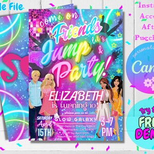 May include: A colorful invitation for a "Come on Friends Let's Jump Party!" featuring a neon glow-in-the-dark theme. The invitation includes a cartoon image of three girls, a date, time, and location for the party. The text "Elizabeth is turning 10!" is featured on the invitation.