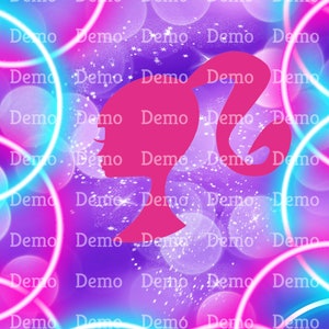 May include: A pink silhouette of a woman with a ponytail on a purple background with blue and pink circles and white stars.