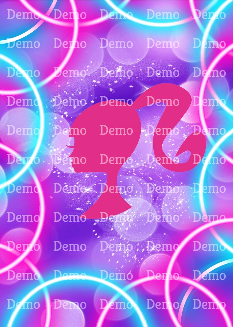 May include: A pink silhouette of a woman with a ponytail on a purple background with blue and pink circles and white stars.