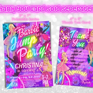 May include: Two printable party invitations featuring a Barbie theme. The invitation on the left is pink and purple with a neon pink and green "Barbie Jump Party!" text. The invitation on the right is pink and purple with a disco ball and the text "Thank You". Both invitations feature a Barbie doll.