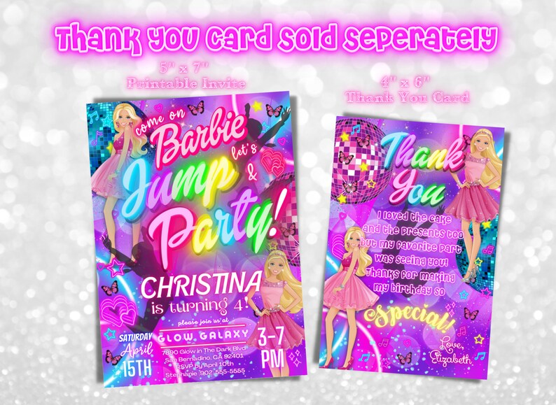 May include: Two printable party invitations featuring a Barbie theme. The invitation on the left is pink and purple with a neon pink and green "Barbie Jump Party!" text. The invitation on the right is pink and purple with a disco ball and the text "Thank You". Both invitations feature a Barbie doll.