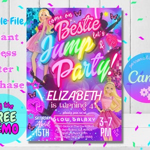 May include: A pink and purple birthday party invitation with a neon glow effect. The invitation features a cartoon image of a girl with blonde hair and a pink dress. The text on the invitation reads "Bestie Jump Party!" and "Elizabeth is turning 4!" The invitation also includes the date, time, and location of the party.