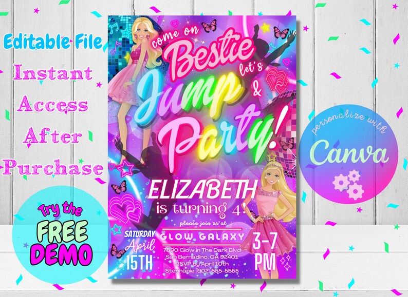 May include: A pink and purple birthday party invitation with a neon glow effect. The invitation features a cartoon image of a girl with blonde hair and a pink dress. The text on the invitation reads "Bestie Jump Party!" and "Elizabeth is turning 4!" The invitation also includes the date, time, and location of the party.
