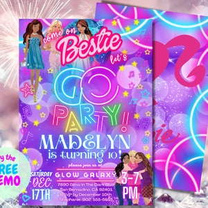 K&ouml;nnte beinhalten: Eine violette und rosafarbene Geburtstagseinladung mit Neon-Glanzeffekt. Die Einladung zeigt ein Cartoon-Bild von drei M&auml;dchen mit dem Text "Come on Bestie Let's Go Party!" und "Madelyn is turning 10!" Die Einladung enth&auml;lt auch das Datum, die Uhrzeit und den Ort der Party.