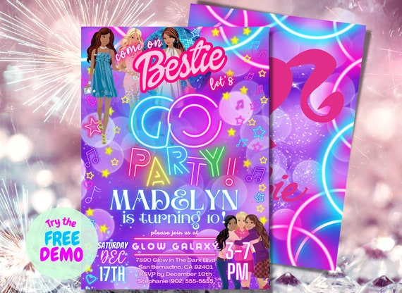 Princess Doll Birthday Party Rainbow Invitation, Girls, Doll Invitation, Neon Purple Party Invite, Digital Download, EDITABLE TEXT