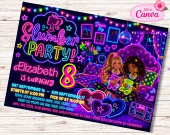 Neon Princess Slumber Party Invitation, Glow Pajama Sleepover (Digital Download)