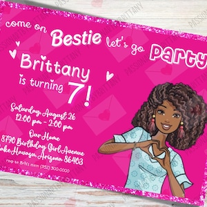 Invitación de muñeca Barb, muñeca Barb princesa africana, rosa fuerte, vamos a fiesta, cumpleaños de niñas, plantilla editable, tarjeta de agradecimiento gratis