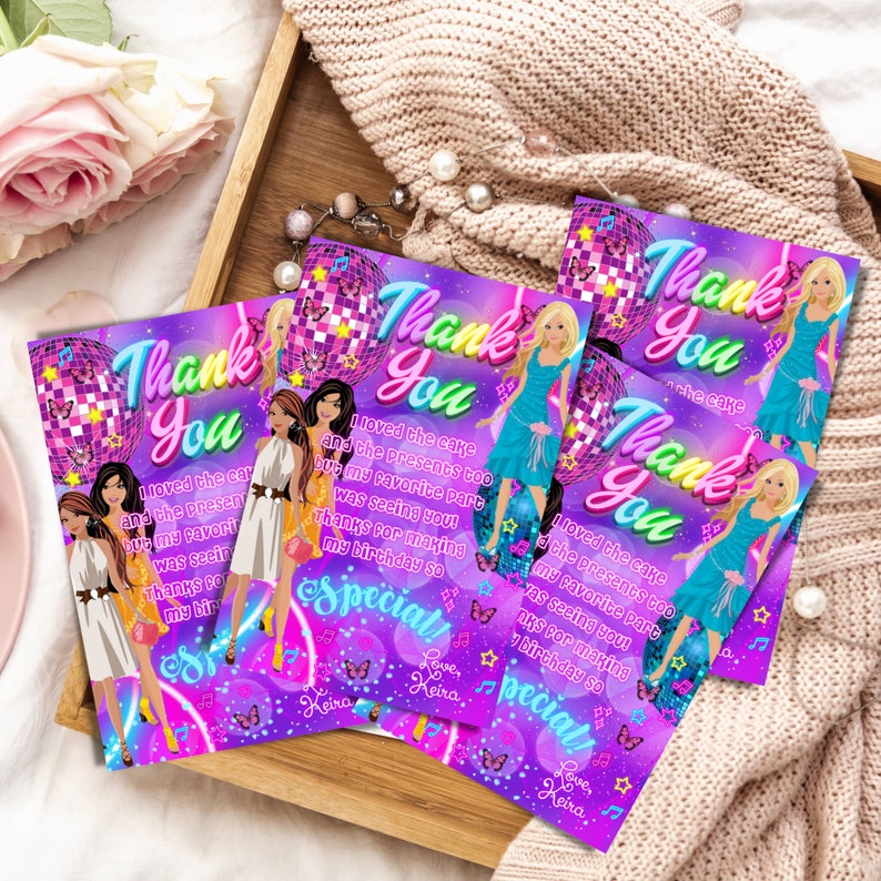 May include: Four thank you cards with a purple, pink, and blue background. The cards feature a disco ball, butterflies, and stars. The text on the cards reads "Thank You" and "I loved the cake and the presents too but my favorite part was seeing you! Thanks for making my birthday so special! Love, Keira".