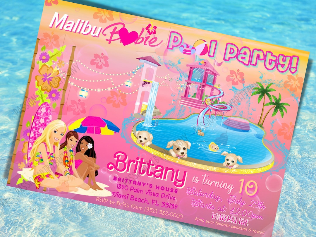 Malibu Barb Doll Pool Party Invitation, Summer Doll Birthday Party ...