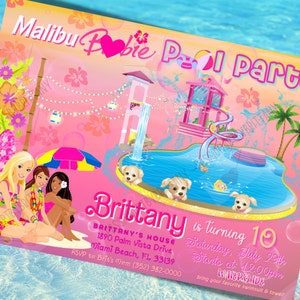 Malibu Barb Doll Pool Party Invitation, Summer Doll Birthday Party, Swimming, WaterSlide, Editable, Free Thank You Card, DEMO AVAILABLE