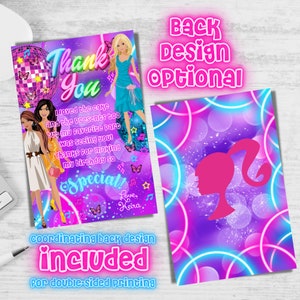 May include: A pink and purple thank you card with a disco ball, butterflies, and stars. The card features a text message that says "Thank You I loved the cake and the presents too but my favorite part was seeing you! Thanks for making my birthday so Special! Love Keira". The back of the card features a pink silhouette of a woman with a purple and pink background.