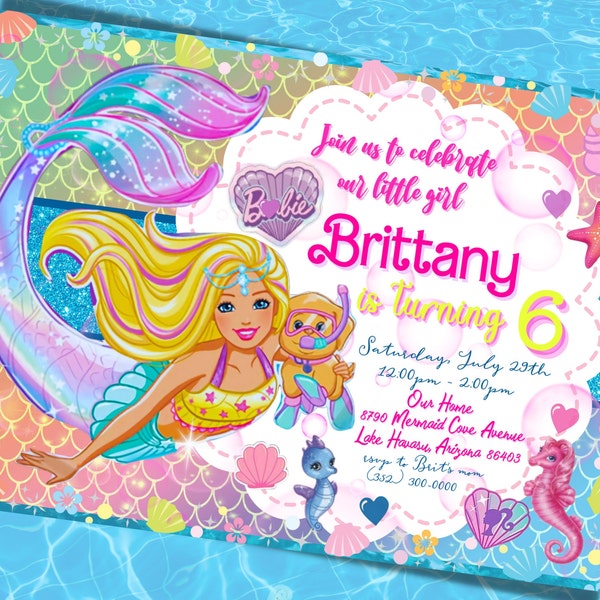 Barb Doll Mermaid Invitation, Rainbow Mermaid Invitation, Summer Party, Swimming Party, Editable, Free Thank You Card + Tags, DEMO AVAILABLE