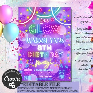 Purple Glow in the Dark Party Invitation Neon Birthday Kids Glow Colorful Rainbow Party Invite | Digital Download | DEMO IN DESCRIPTION