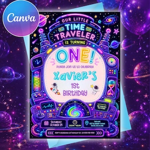 May include: A rectangular birthday invitation card featuring a neon-style space theme with a time machine graphic. Text reads: Our Little Time Traveler Is Turning One! Please Join Us To Celebrate Xavier's 1st Birthday, Saturday October 25, 200 PM-400 PM.