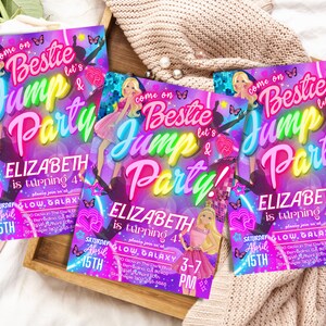 May include: A purple and pink birthday party invitation with a neon glow effect. The invitation features a cartoon image of a girl with blonde hair and a pink dress. The text on the invitation reads "Come on Bestie Let's Jump Party! Elizabeth is turning 4! Please join us at Glow Galaxy 7:00 Glow in the Dark Party 2800 Bergamont, CA 92220 Saturday April 15th 3-7 PM".