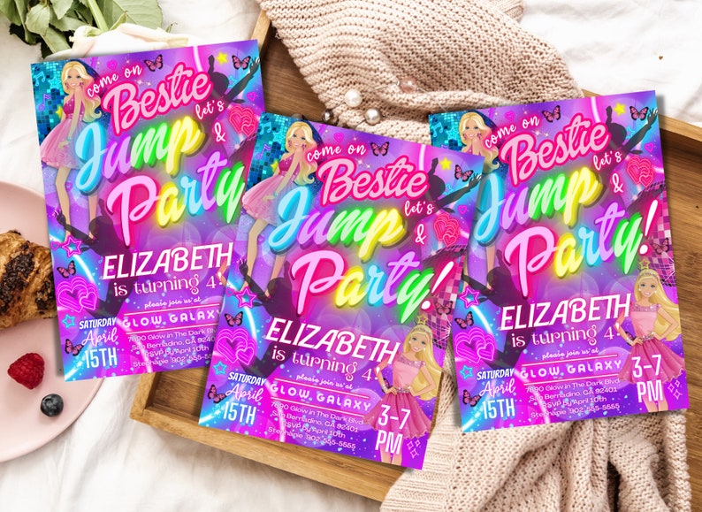 May include: A purple and pink birthday party invitation with a neon glow effect. The invitation features a cartoon image of a girl with blonde hair and a pink dress. The text on the invitation reads "Come on Bestie Let's Jump Party! Elizabeth is turning 4! Please join us at Glow Galaxy 7:00 Glow in the Dark Party 2800 Bergamont, CA 92220 Saturday April 15th 3-7 PM".