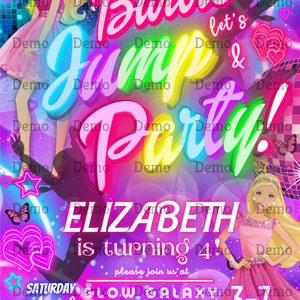 May include: A colorful invitation for a Barbie-themed birthday party. The invitation features a neon pink, yellow, green, and blue text that reads "Come on Barbie, let's jump & party!" with a silhouette of a girl jumping in the background. The invitation also features a picture of a Barbie doll and the text "Elizabeth is turning 4!" with a date and time for the party. The invitation is decorated with butterflies, stars, and hearts.