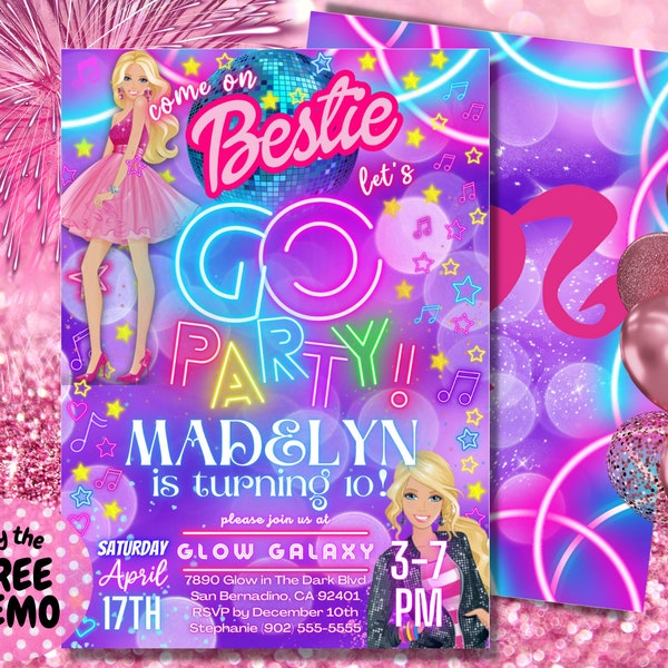 Princess Doll Birthday Party Rainbow Glow Invitation, Girls, Doll Invitation, Neon Purple Party Invite, Digital Download, DEMO AVAILABLE