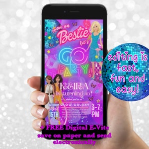May include: A digital invitation for a birthday party with a neon pink and purple color scheme. The invitation features a disco ball, butterflies, and the text "Come on Bestie let's Go Party! Keira is turning 10!"  The invitation also includes the date and time of the party: "Saturday April 15th 3-7 PM".