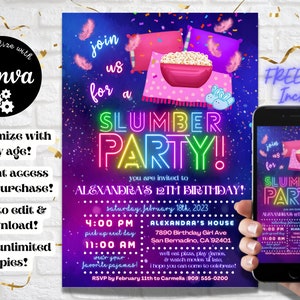May include: A colorful invitation for a slumber party with a neon sign that says "Slumber Party!" and a bowl of popcorn. The invitation is for Alexandra's 12th birthday and includes the date, time, and location of the party. It also says "RSVP by February 11th to Carmella (909) 555-0200".