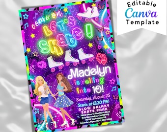 Barb Doll Roller Skate Invitation, Neon Barb Birthday, Digital Barb Skate Party, Roller Barb Party Invite Editable Template Instant Download