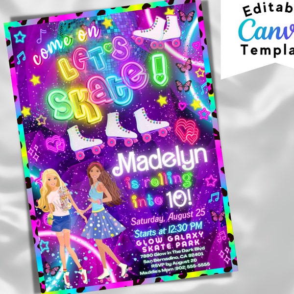 Barb Doll Roller Skate Invitation, Neon Barb Birthday, Digital Barb Skate Party, Roller Barb Party Invite Editable Template Instant Download