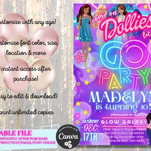 K&ouml;nnte beinhalten: Eine bearbeitbare Einladung zu einer 10. Geburtstagsfeier f&uuml;r ein M&auml;dchen. Die Einladung hat einen violetten Hintergrund mit neonrosa, gr&uuml;nem und blauem Text, der "Come on Dollies Let's Go Party!" lautet. Die Einladung zeigt auch ein Bild von drei Puppen und den Text "Madelyn is turning 10!"  Die Einladung ist mit Sternen, Noten und Blasen verziert.